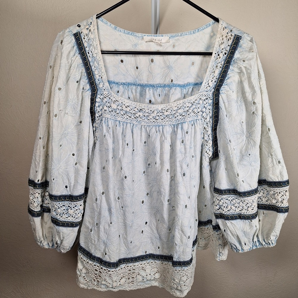 Oli & Hali Crochet Eyelet Square Neck Boho Peasant Top Balloon Sleeve Medium